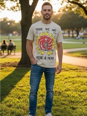 ALTRU Here We Are Graphic T-Shirt Men’s M Cream 100% Cotton Skeleton Tee